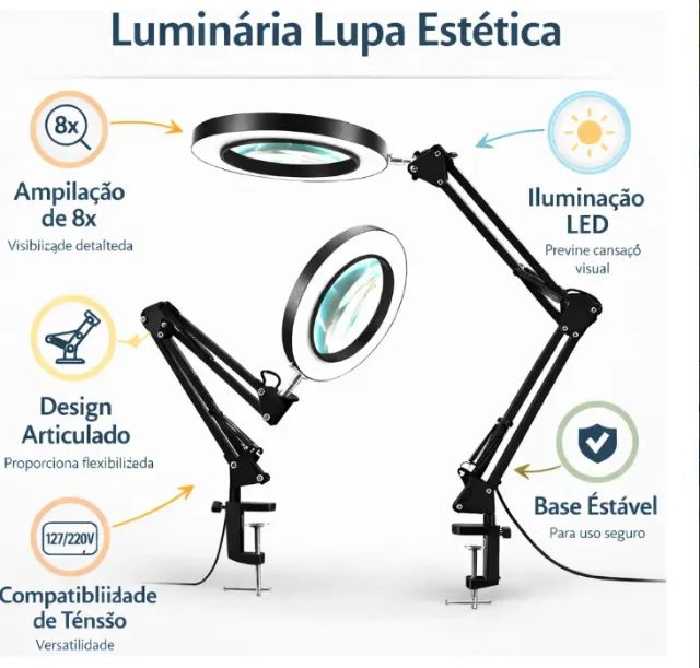 Luminaria Estética Lupa 8x Ringlight Led Articulada Preto - Foto 2