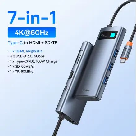 Hub Baseus HDMI 7 em 1, Carregamento Turbo, USB