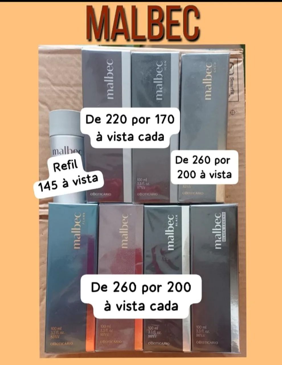 Malbec a partir de 170. Refil 145. Valores no anúncio.