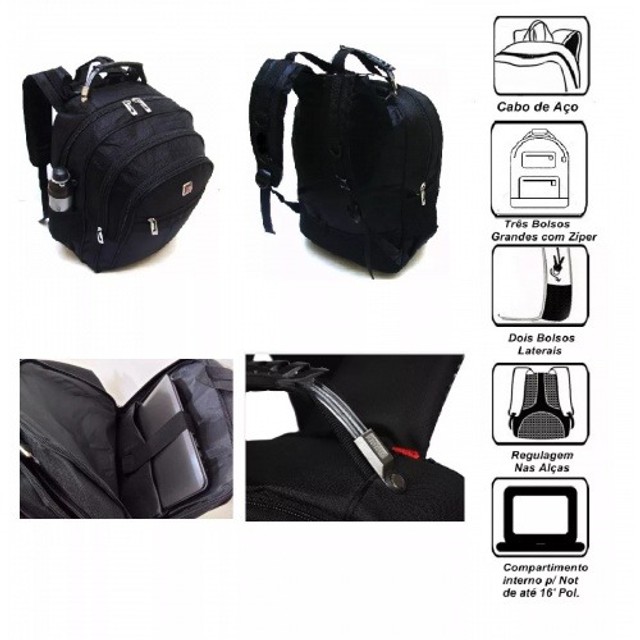 Mochila Grande Cabo de Aço Viagem Reforçada Notebook Executiva - Foto 2