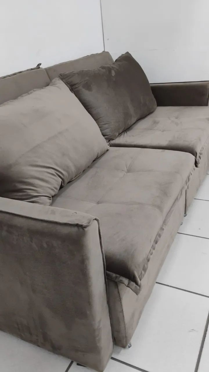 Sofá Reclinável Suede Bege 4 Lugares