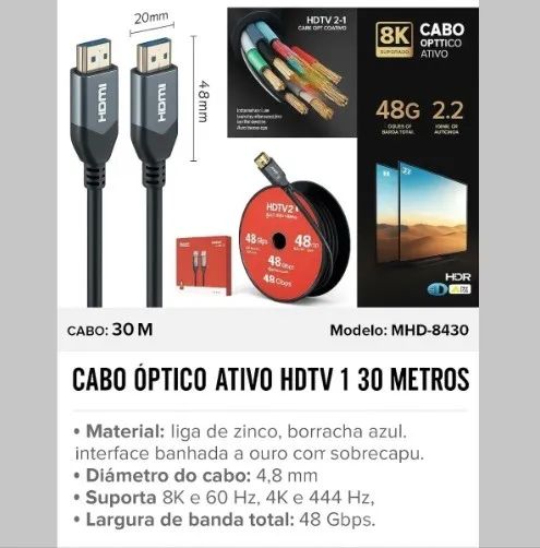 CABO HDMI X HDMI 2.1 8K 4K  144hz 48gbps Hdtv 30M 30 METROS - OPTICO ATIVO (2.1) - Foto 2