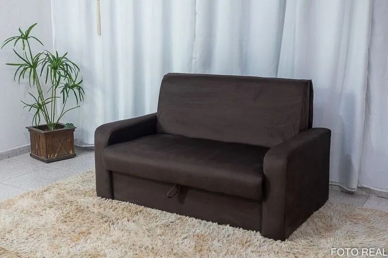 Sofá Cama Casal com Baú Suede Marrom 