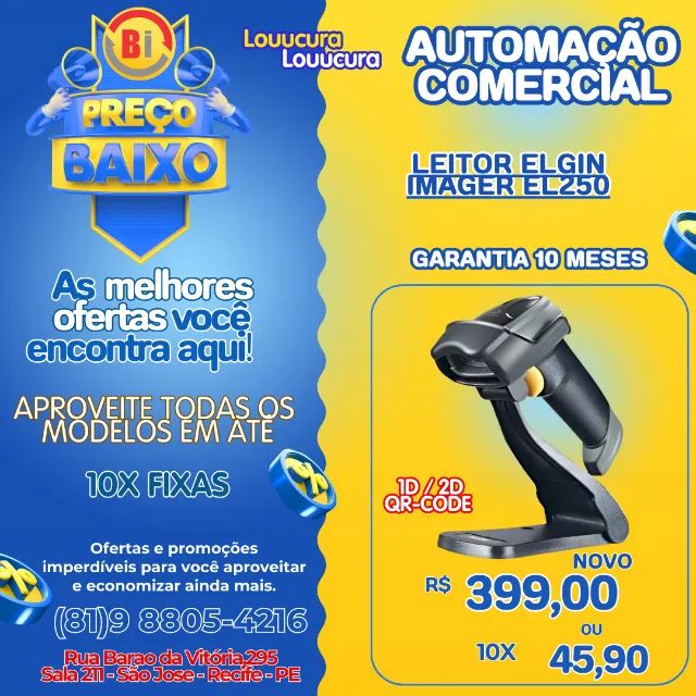 Leitor de Código de Barras 2D Elgin EL-250 (Suporte/USB) Por: 