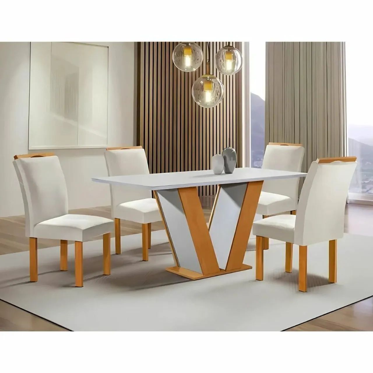Mesa Qatar com 4 C Londres Sem Vidro 120x80cm Cinamomo/Off White Tecido 169 - Cel<br>