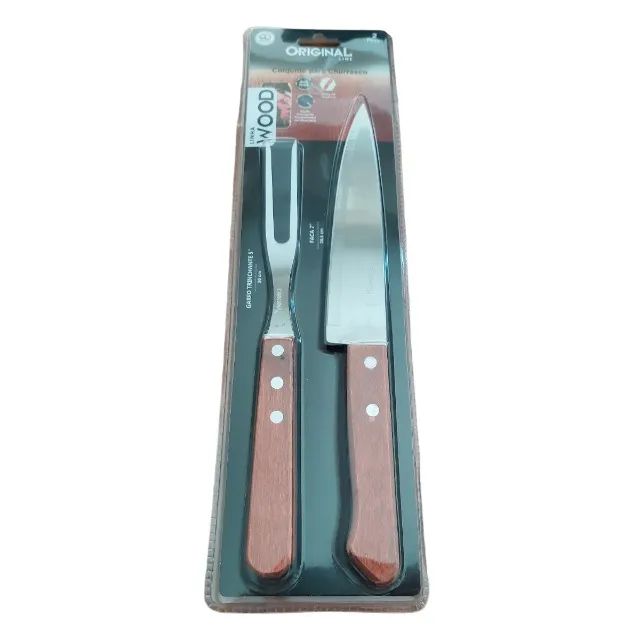 Jogo para churrasco com Faca e Garfo Trinchante Kit com 2 peças - Cabo de Madeira - Foto 3