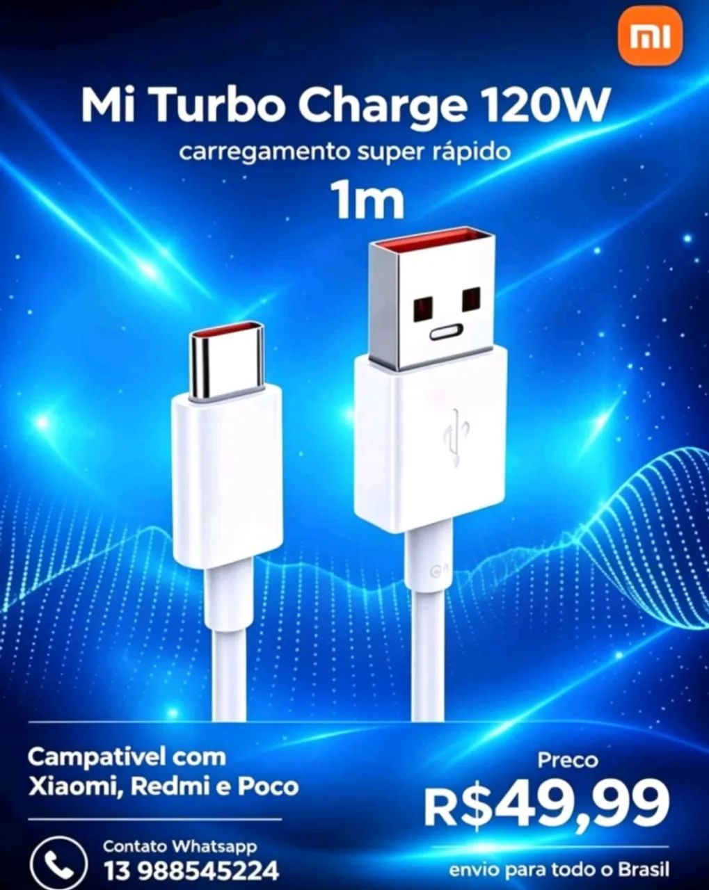CABO XIAOMI 2METROS ORIGINAL ATIVA MI TURBO CHARGE