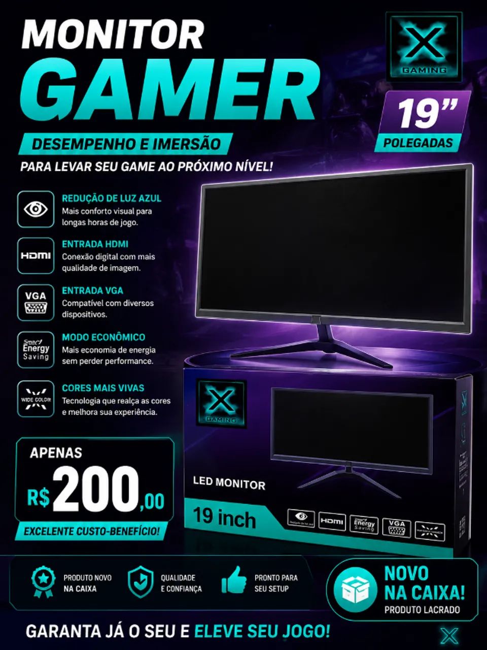 Monitor Led 19" X Gaming (na caixa)