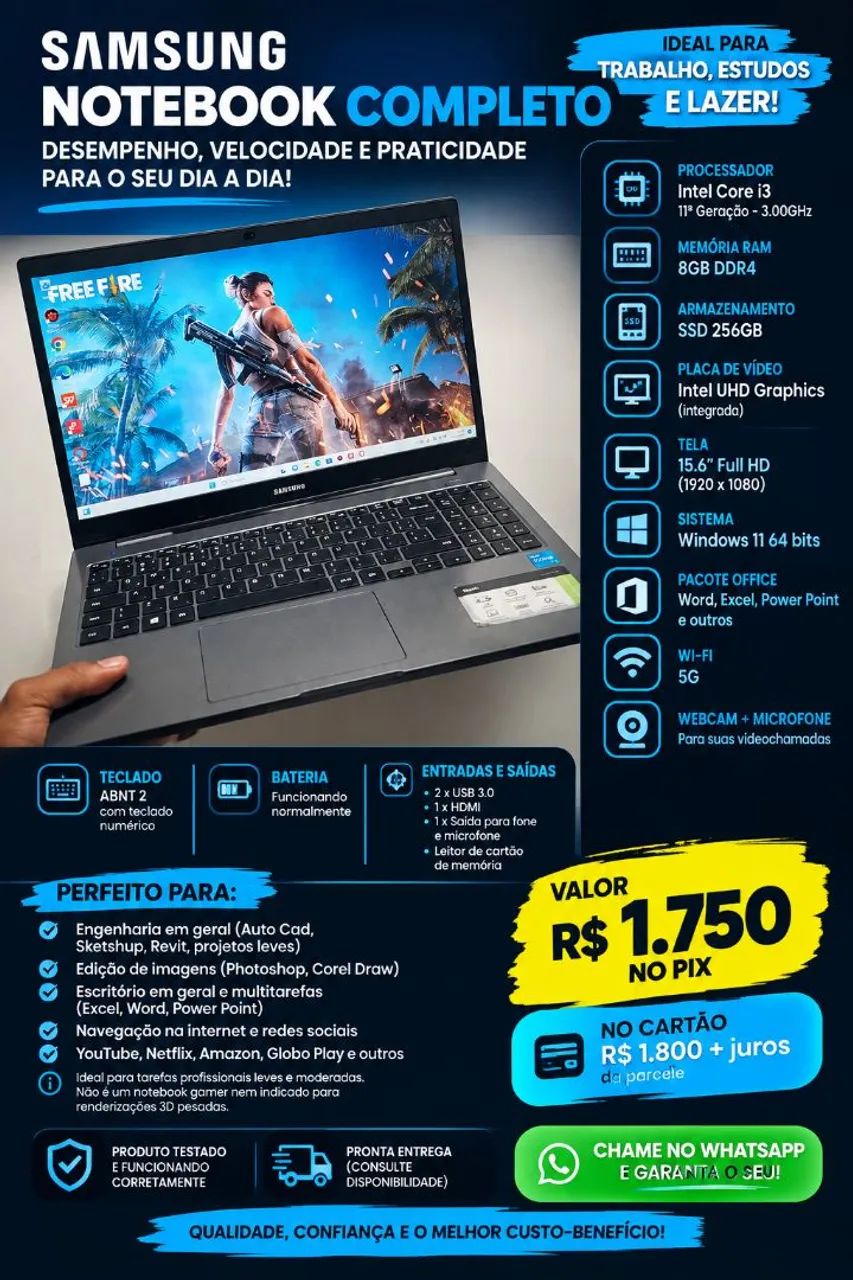 NOTEBOOK SAMSUNG - i3 3.00Ghz 11a GERAÇÃO | 8GB RAM DDR4 | SSD