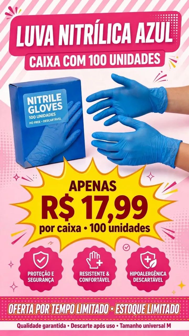 Luvas nitrilica sem pó azul  p.m.g