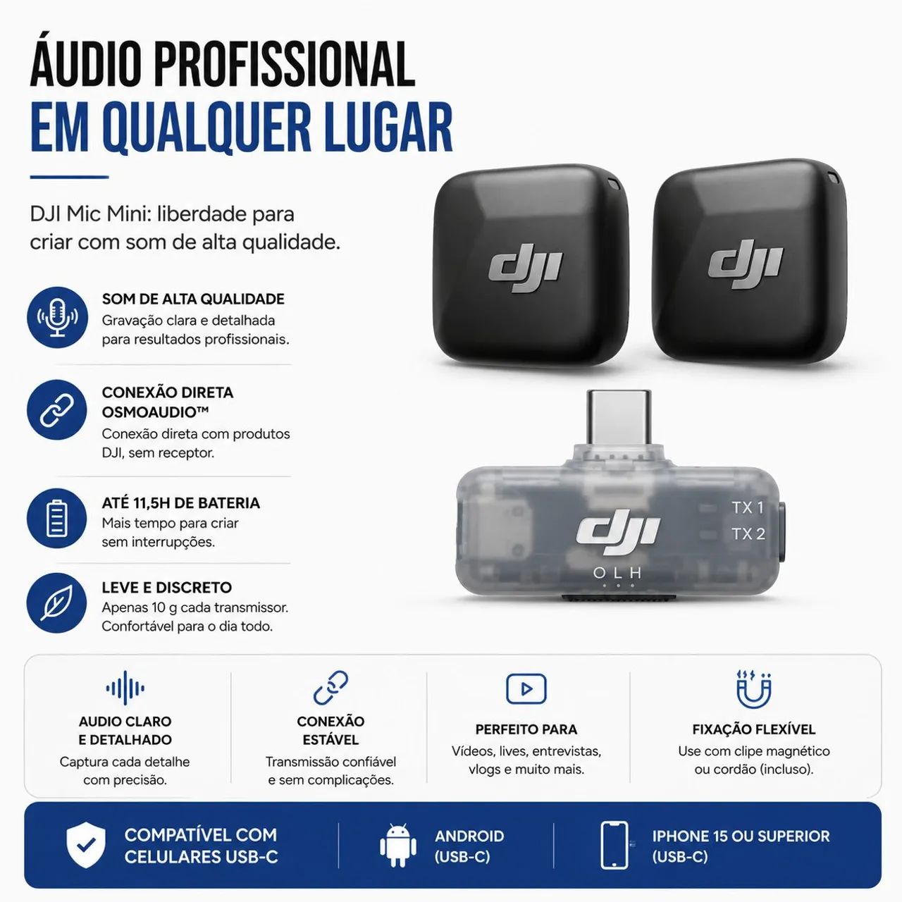DJI Mic Mini Original Transmissor e receptor sem fio para celular USB-C - Foto 3