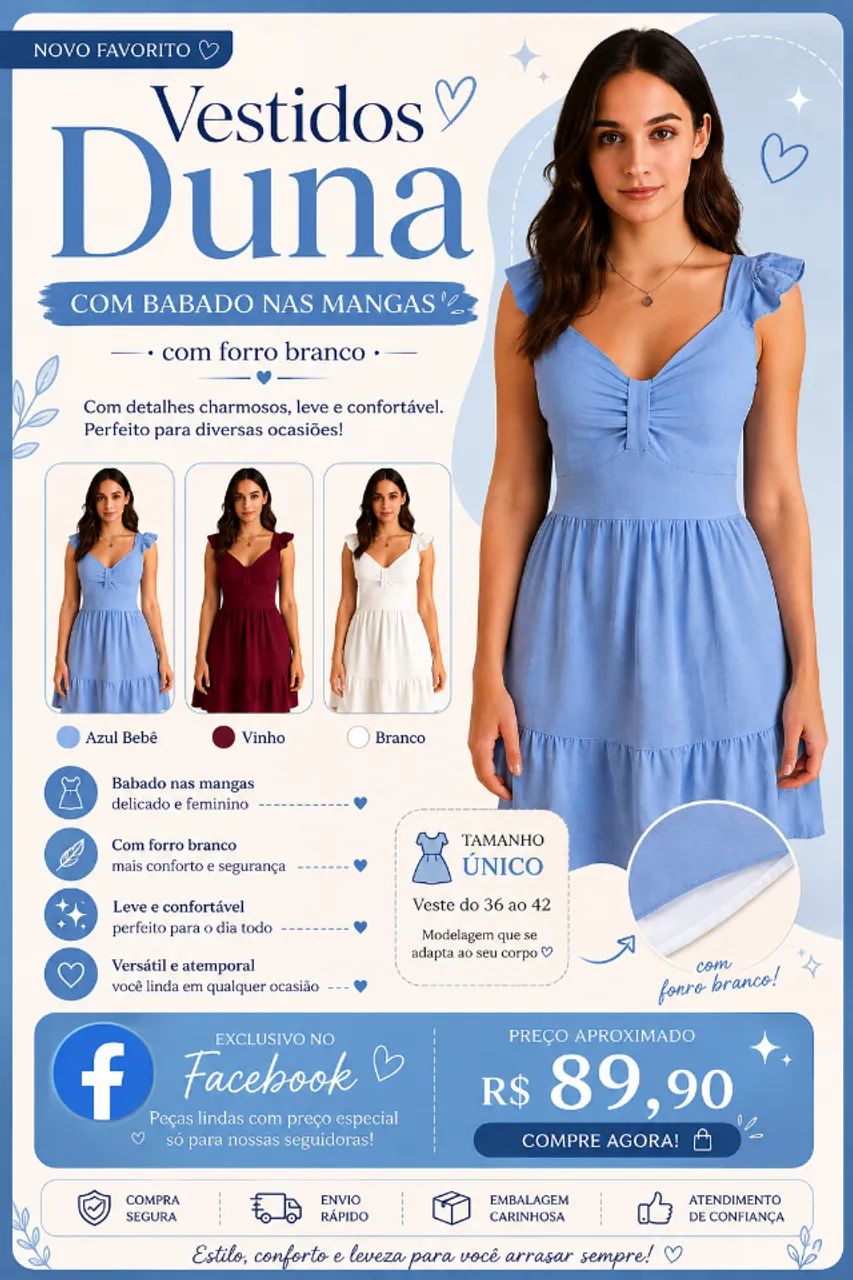 Vestidos Duna com Babado nas mangas, com forro branco.