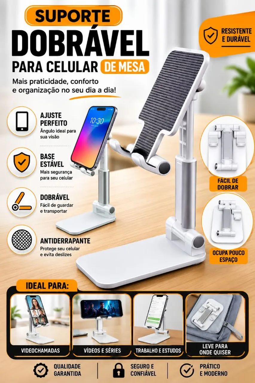 "Praticidade para a sua rotina: suporte dobrável e ajustável para celular!"