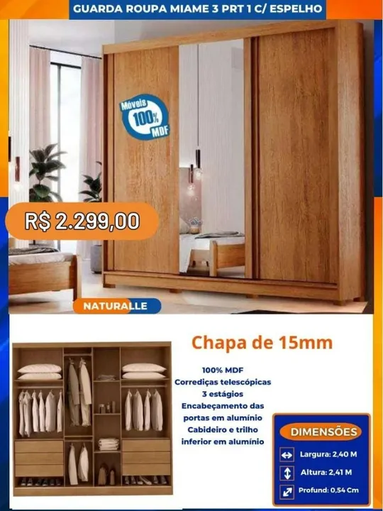 Guarda Roupa Miame 3 Prt 1 Com Espelho