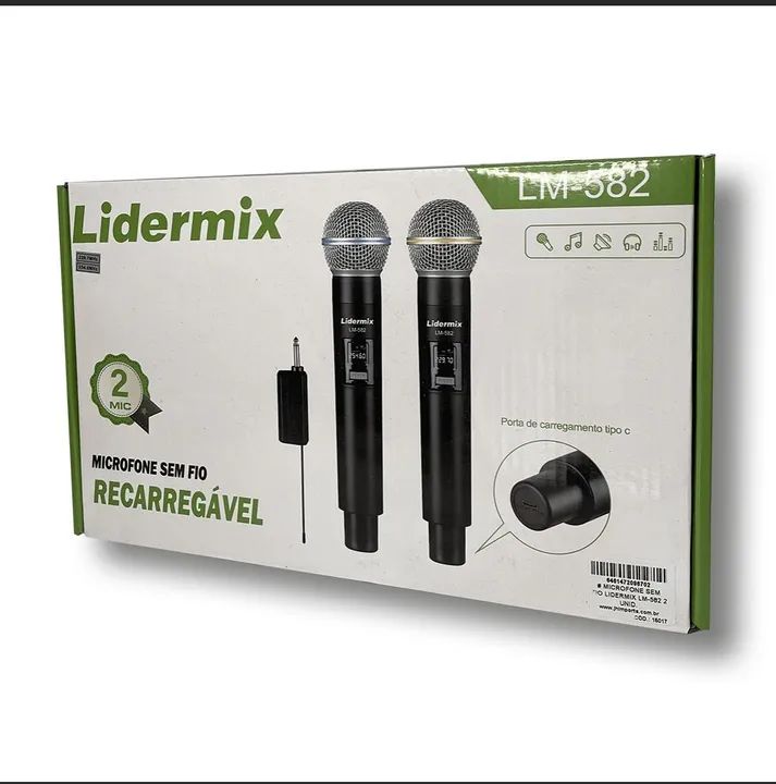 Microfone Sem Fio Recarregável Lidermix LM-582 - 2 Microfones