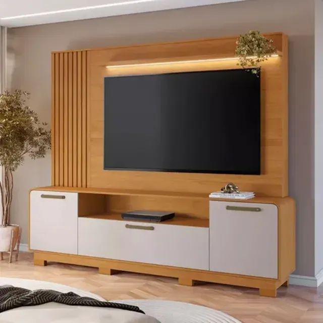 RackHome Apego Cinamomo/Off C/ Luminária LED e Detalhe Ripado JCM - Entrega Rápida! 
