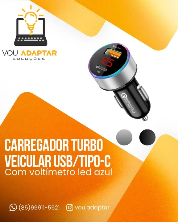 Carregador Celular Smartphone Veicular com Voltímetro 12V tipo C e A