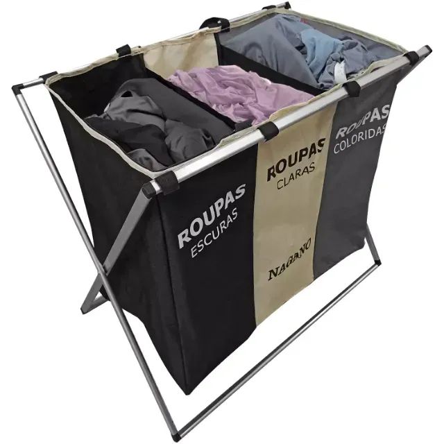 Cesto De Roupa Suja Organizador 3 Divisórias Dobrável - 65 x 40 x 60cm - E035994 - Foto 5