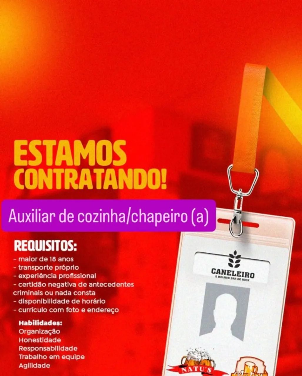 Vaga para auxiliar de cozinha/chapeiro com Experiência em Cozinha de Restaurante