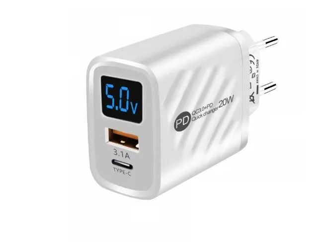 Carregador de Parede Maerknon 20W PD + QC 3.0 Display Digital Tipo C e USB
