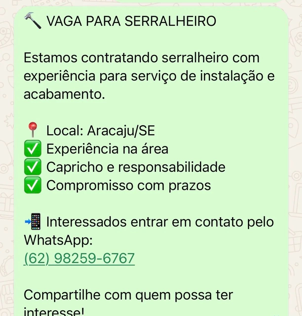Vaga para serralheiro 