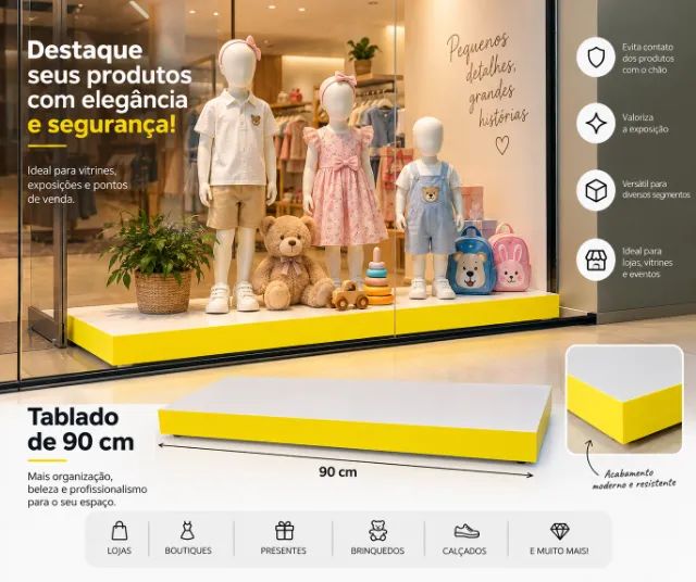 2 Tablados 90cm branco com amarelo vitrine de loja e expositor