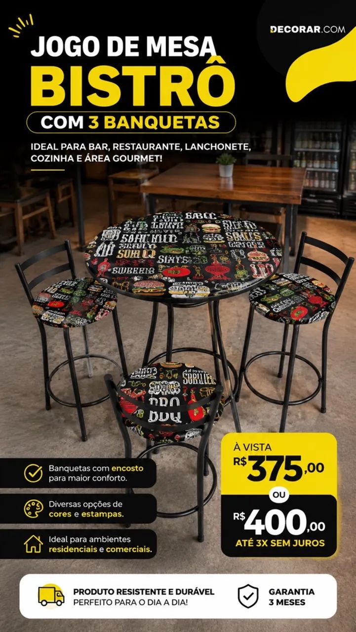 Jogo bistrô aço (mesa com 3 bancos)
