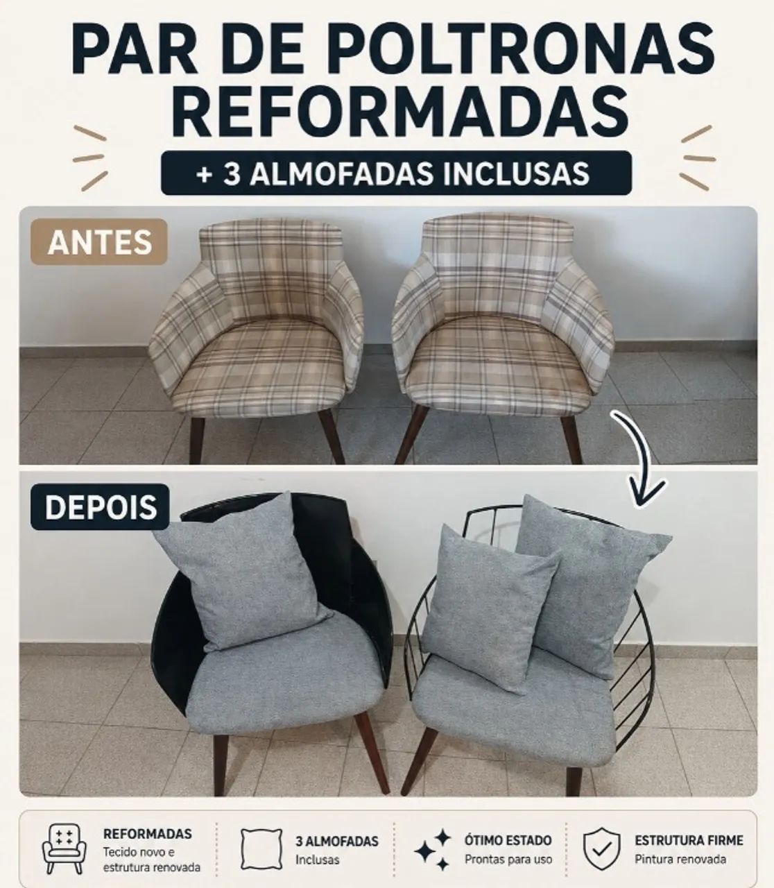 Duas poltronas com 3 almofadas - Reformadas recentemente 