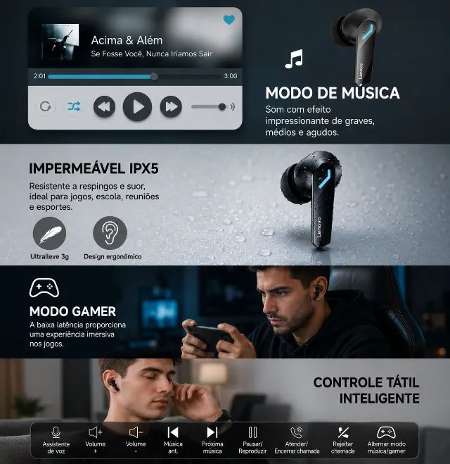 Fone Bluetooth TWS GM2 Pro Novo - Modo Gamer e Microfone - Foto 3