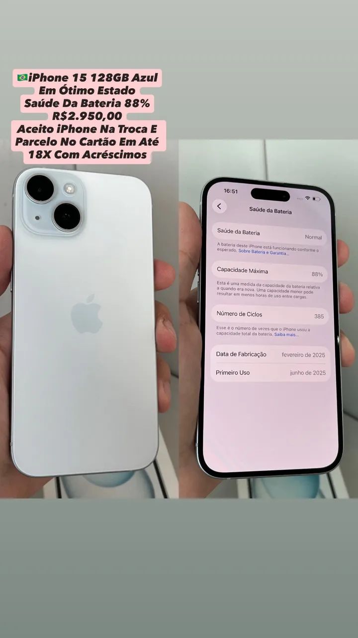 iPhone 15 128GB Azul - Aparelho Usado