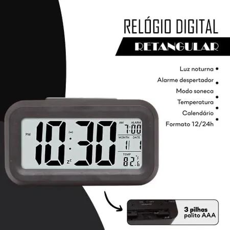 Relógio Despertador Digital Retangular A Pilha Cor Preto - Foto 4