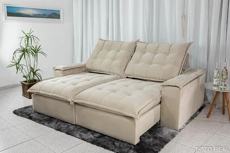 Sofá Retrátil 3 Lugares 230cm Molas Ensacadas D33 Veludo Bege