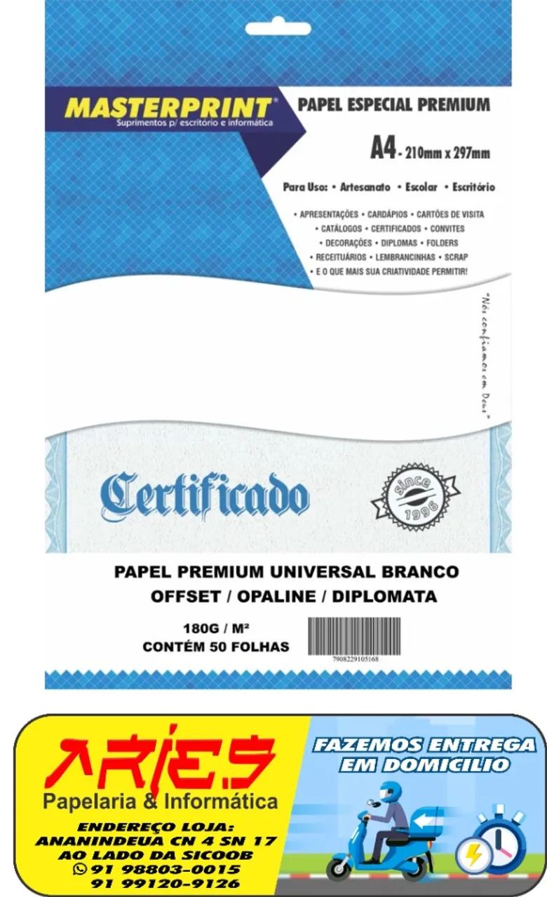 PAPEL OFFSET OPALINE DIPLOMATA MASTERPRINT A4 50 FOLHAS 180G