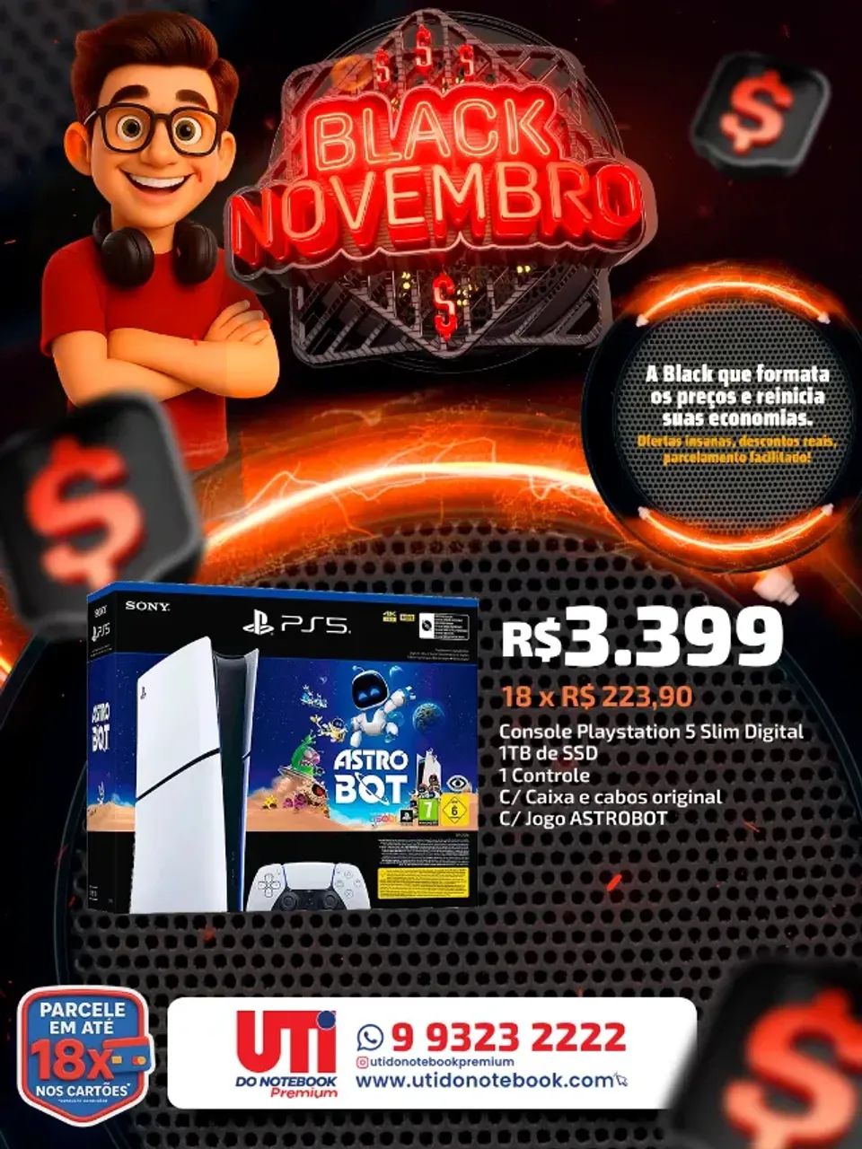 PLAYSTATION 5 SLIM DIGITAL C/ASTROBOT (NOVO) NA BLACK UTI