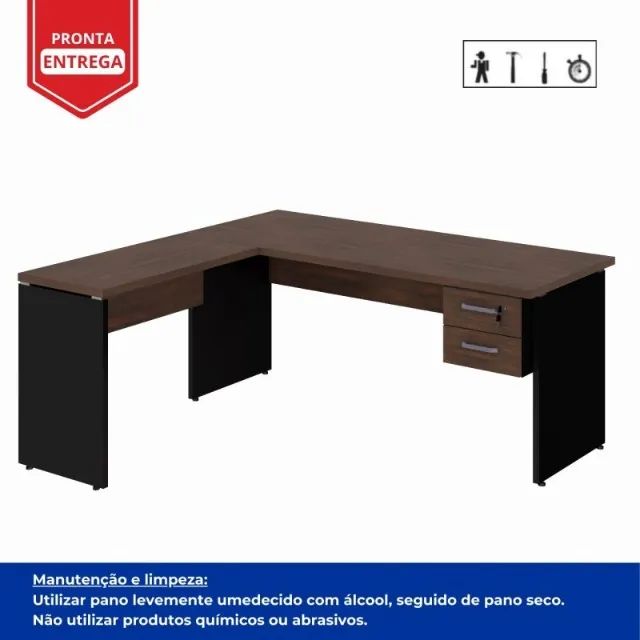 Mesa em L 1,70m + Auxiliar com 2 Gavetas Marsala Preto Amplo Espaço Escritório 23479 - Foto 3