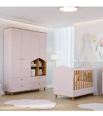 Roupeiro Casinha 4 Portas + Berço Cama Americano Mimo, 100% MDF - Permobily Baby