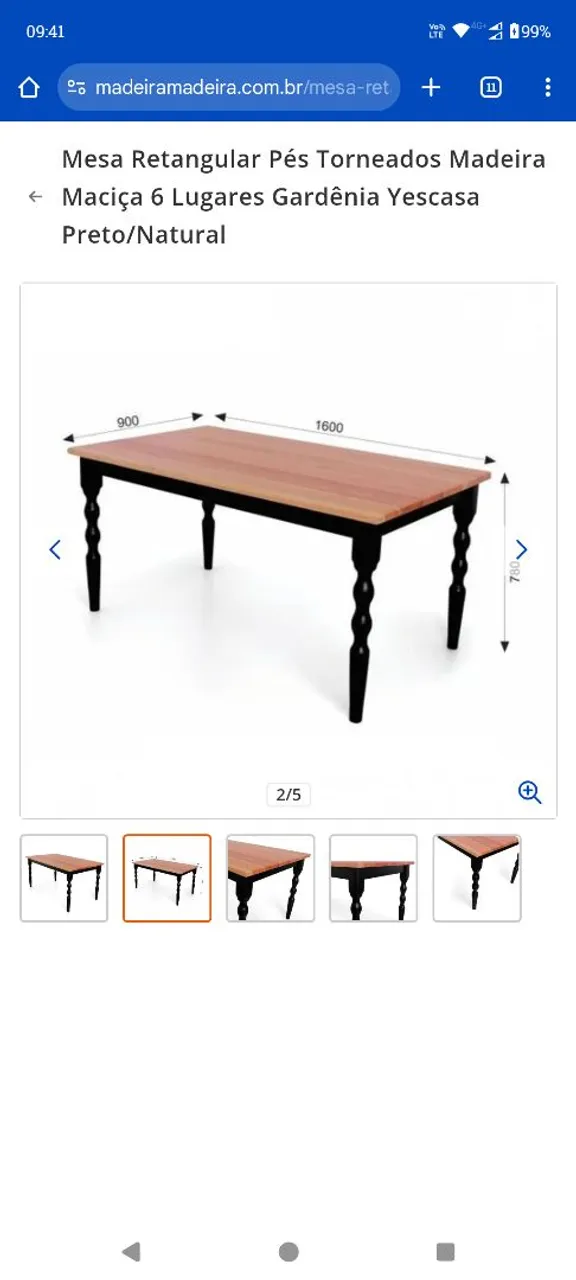 Mesa Retangular 6 Lugares Madeira Preto/Natural