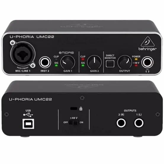 Interface de Áudio  Behringer UMC 22 Midas  Mic Preamplifier