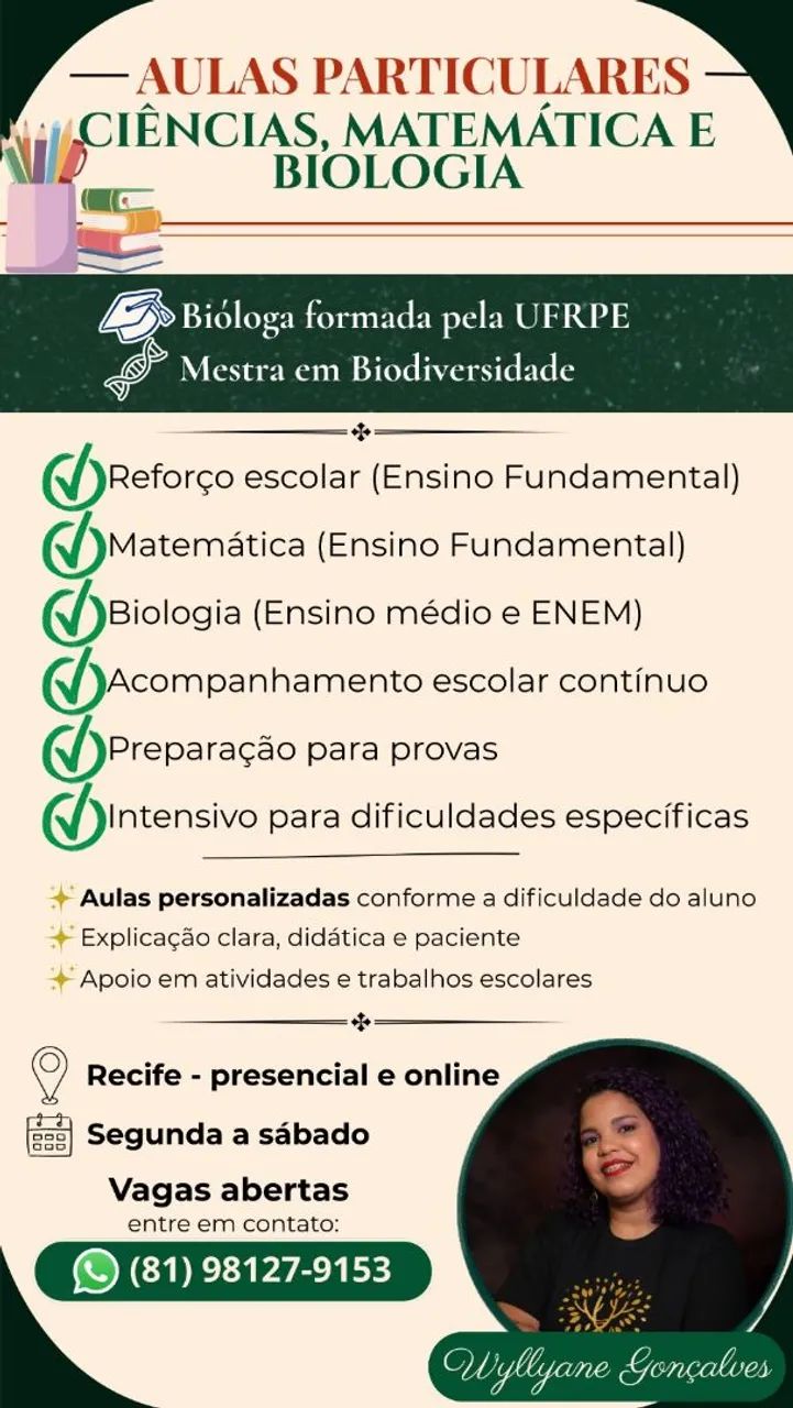 Reforço escolar e aulas particulares de biologia e matemática| Professora com Mestrado