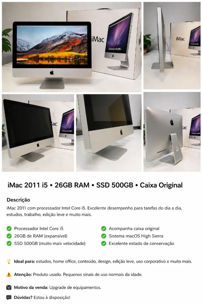 iMac 2011 i5 - 26gb - 500 SSD - Caixa Original - PRA FECHAR LOGO