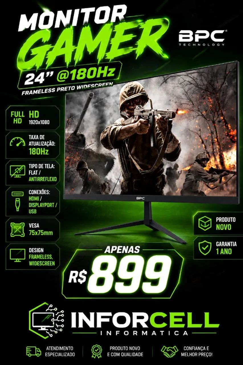 Monitor Gamer BPC 24 180Hz Preto WideScreen