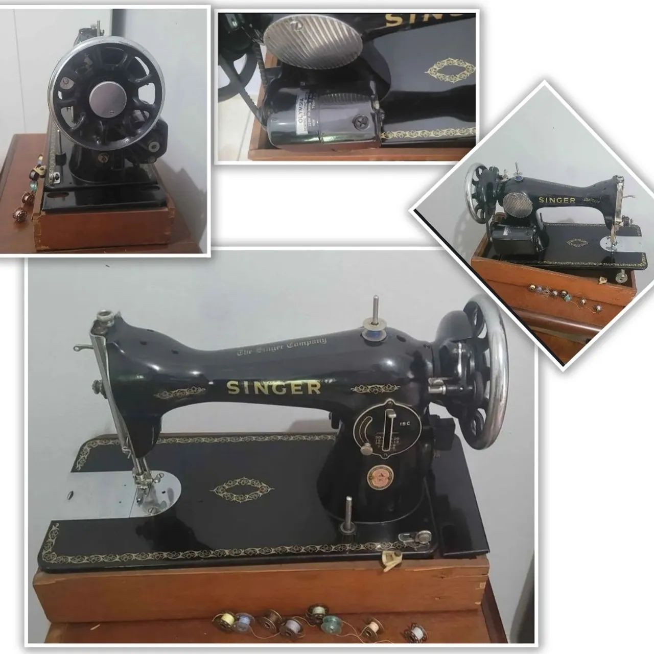 SINGER - Antiga Máquina Costura c/ Base em Madeira, ricamente trabalhada,