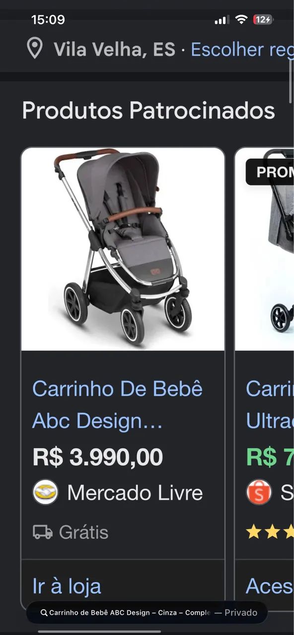 Carrinho de Bebê ABC Design - Cinza - Completo