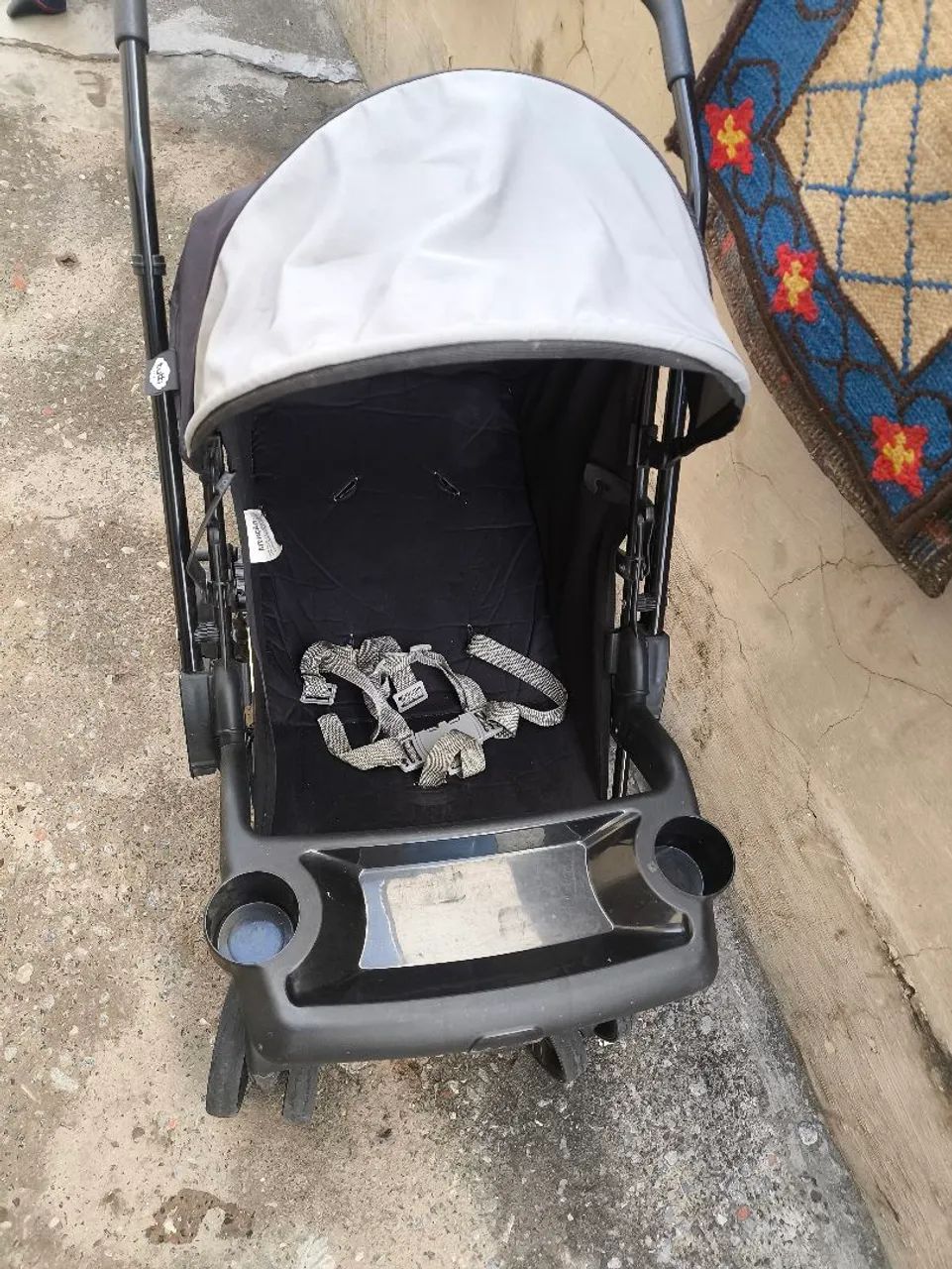 Carrinho de bebê e ofurô.