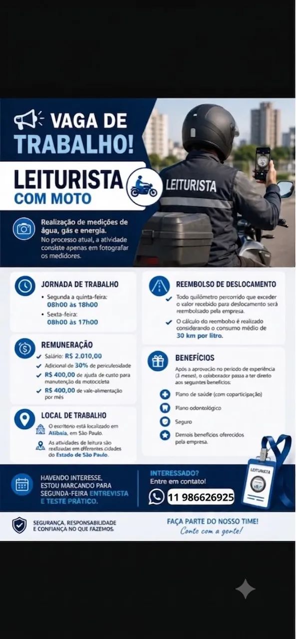 Vaga de Emprego Auxiliar Técnico - Leiturista com moto
