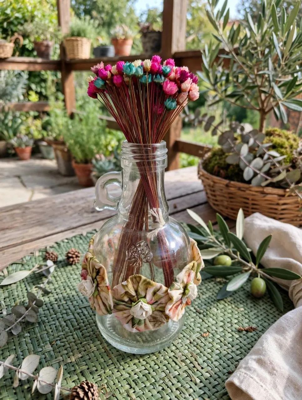 Garrafa decorada com fuxicos e flores secas  - Foto 5