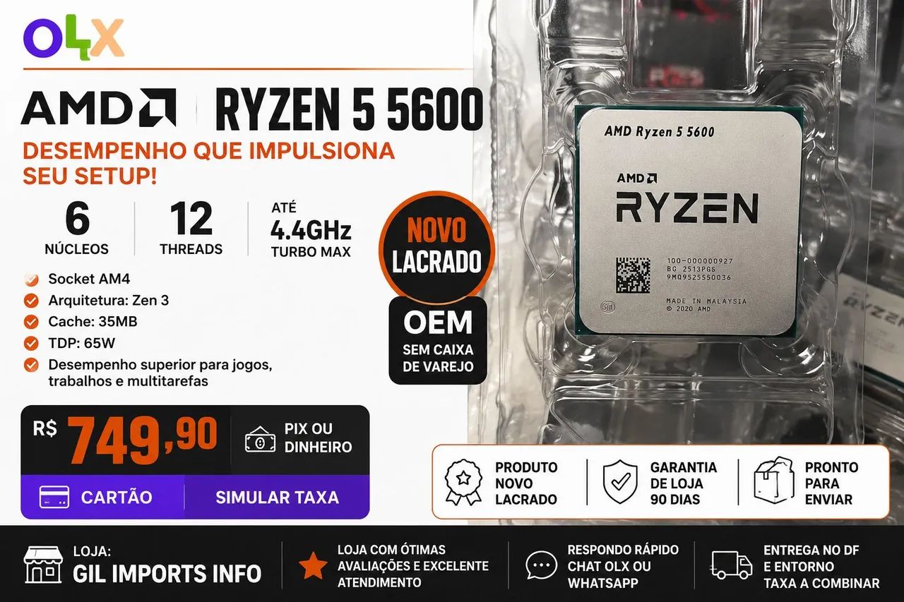 PROCESSADOR AMD Ryzen 5 5600 OEM - Novo Lacrado - - Processadores