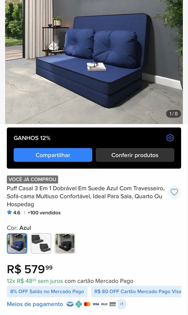 Sofá-cama Multiuso de Casal 3 em 1 Dobrável - Foto 5