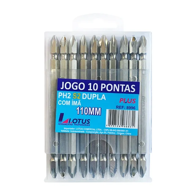 Jogo de 10 Bits Ponteira Phillips com Imã Dupla Longa Ph2 110mm Lotus 8996