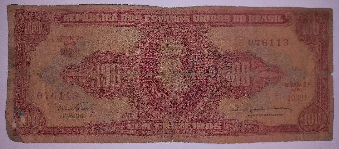 Cédula do Brasil 100 Cruzeiros com carimbo de 10 centavos 
